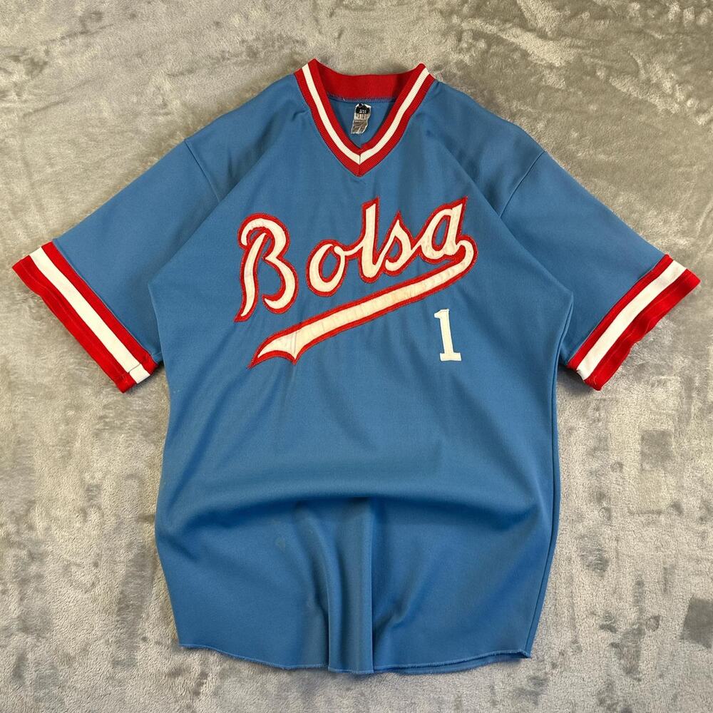 Vintage 80s Bolsa Baseball Jersey Mens Size 40 Blue Red Script 1 Sand Knit USA